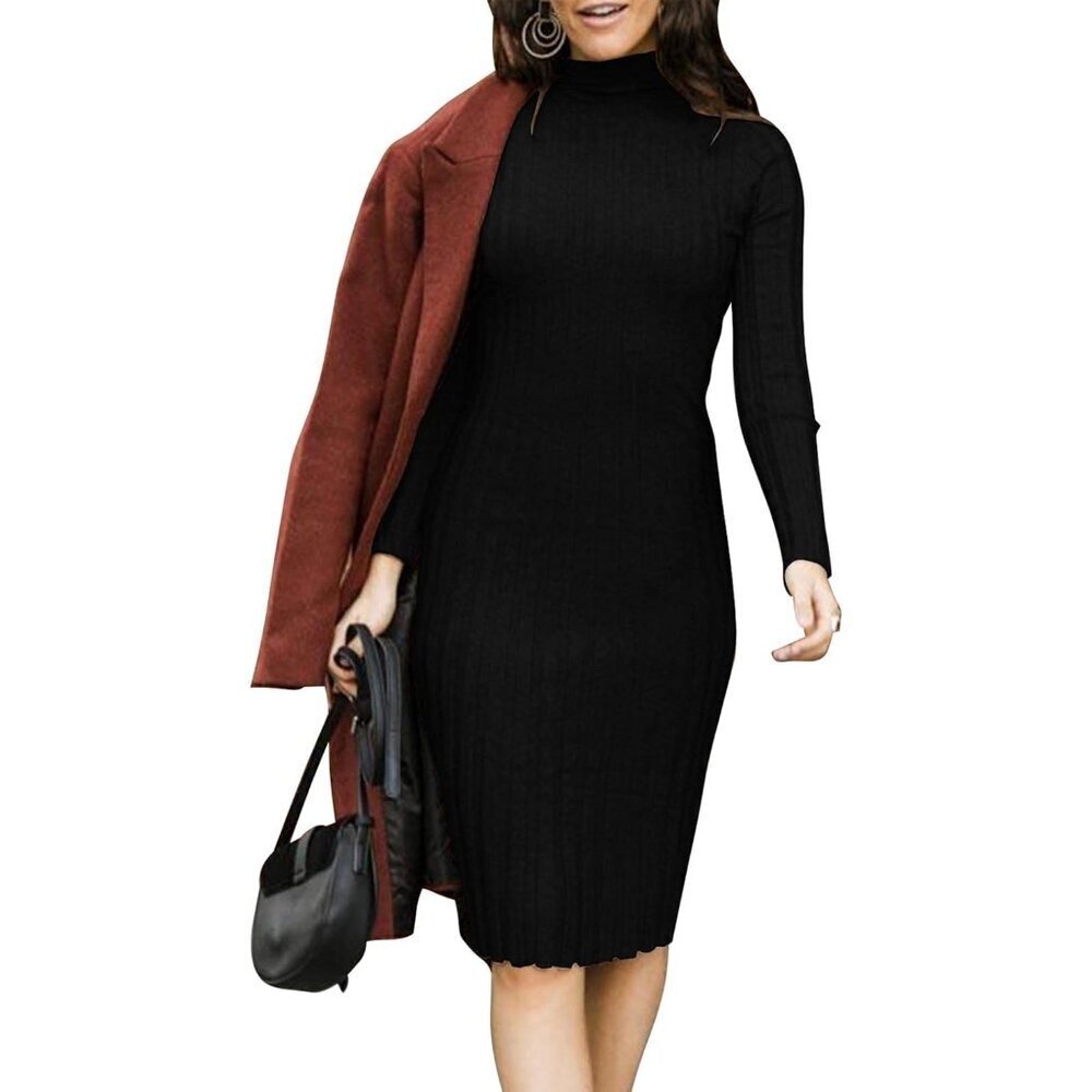 Women's Knit Long Sleeve High Neck Bodycon Midi Dress Black XS - Picture 6 of 8